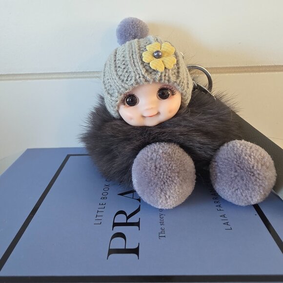 Cute Smiling Fur Baby Keychain with LOVE tag, Plush rabbit fur, Bag Charm - Picture 5 of 12